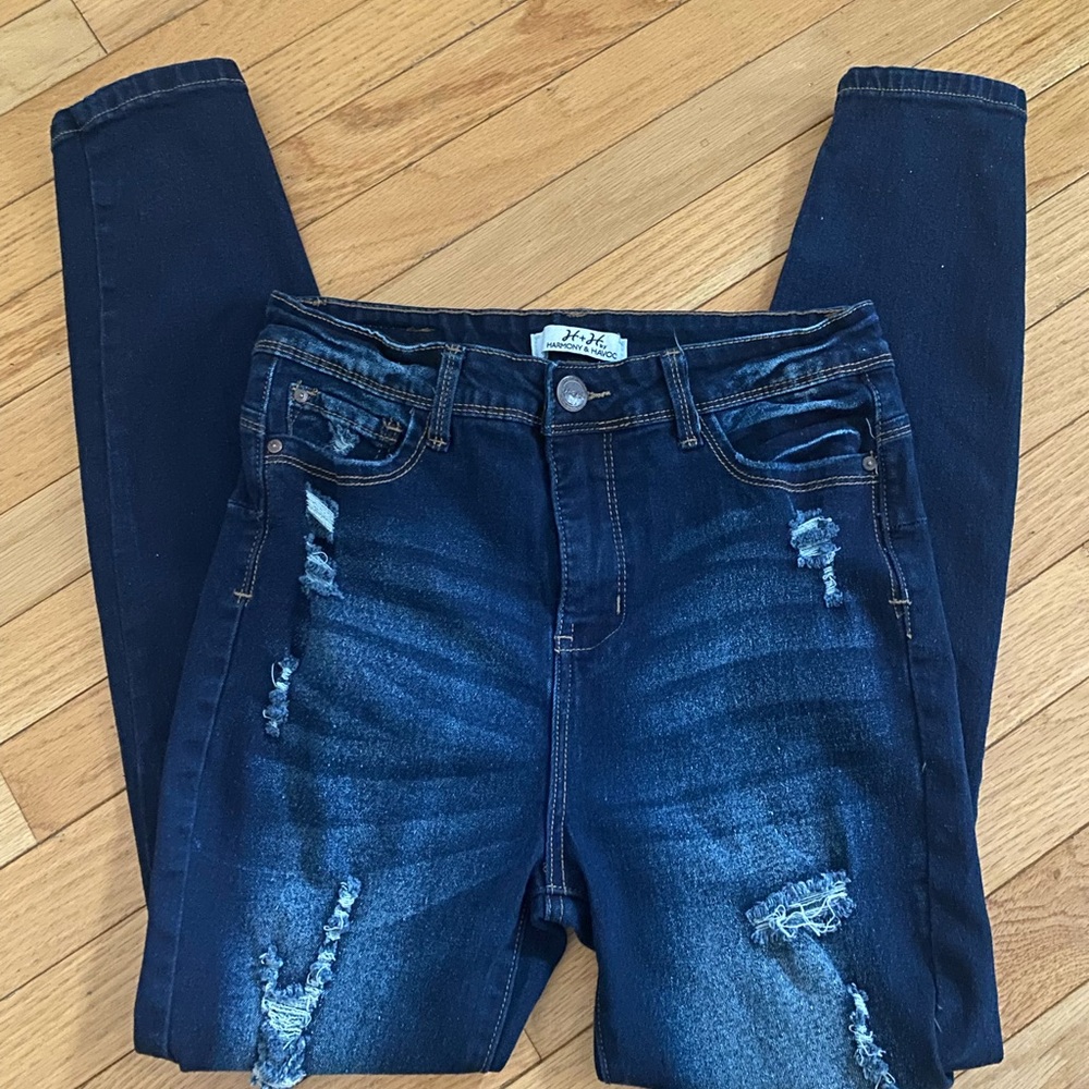 Women's Dark Indigo Distressed Skinny Jeans - Picture 3 of 4